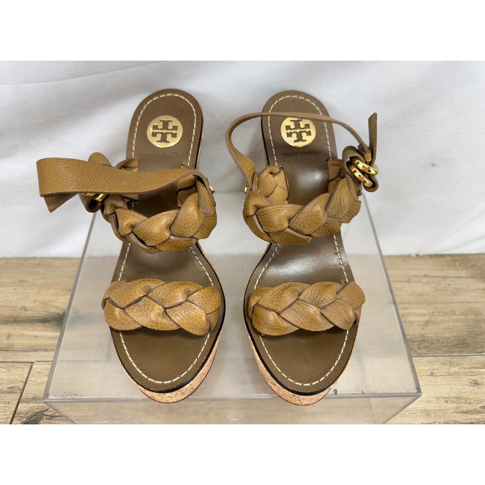 Tory‎ Burch Tan Braided Leather Cork Platform Wedge Sandals Size 8.5 M